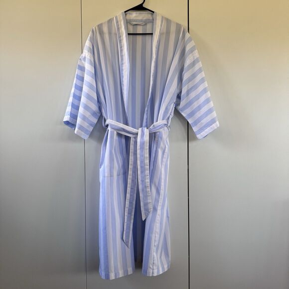 Vintage 90's Women's Classic Blue & White Striped 100% Cotton Long Robe Kimono - Picture 2 of 9
